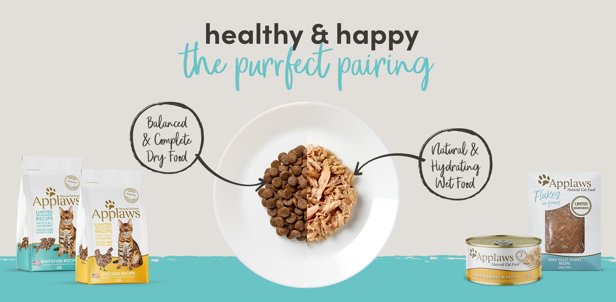 Healthy and happy.  the purfect pairing - balanced and complete dry food with natural and hydrating wet food