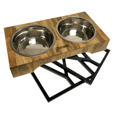 3-in-1 Adjustable Mango Wood Double Feeder with Stainless Steel Bowls