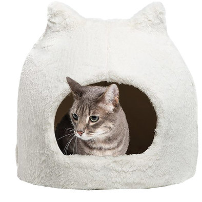 Meow Hut in Fur Cover Dome Bed - Ivory - Jumbo