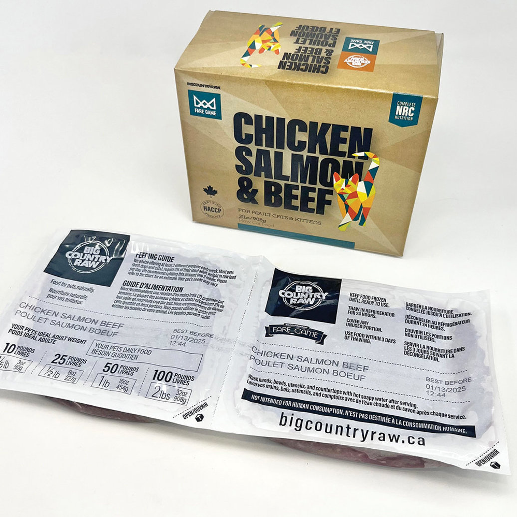 View larger image of Big Country Raw, Fare Game - Chicken, Salmon & Beef - 0.9 kg - Frozen Cat Food
