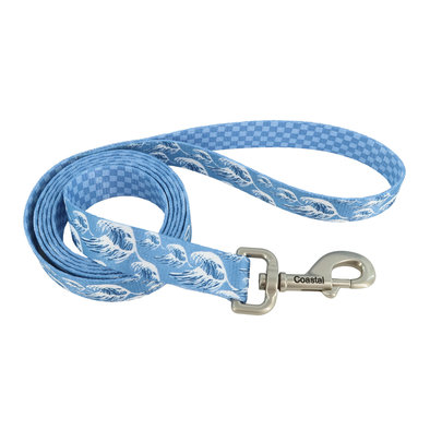 Dog Leash, Blue Waves with Blue Checkers, Medium/Large - 1" x 6'