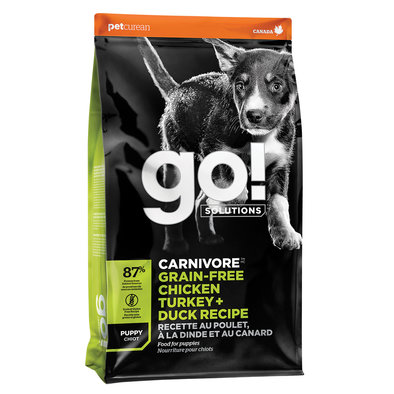 GO! SOLUTIONS, CARNIVORE Grain Free Chicken, Turkey + Duck Puppy recipe for dogs