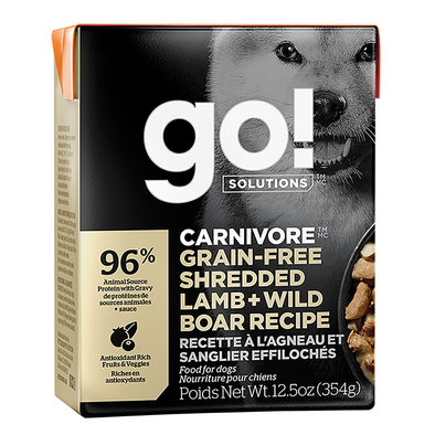 GO! SOLUTIONS, CARNIVORE Grain Free Shredded Lamb + Wild Boar Recipe for dogs - Wet Dog Food