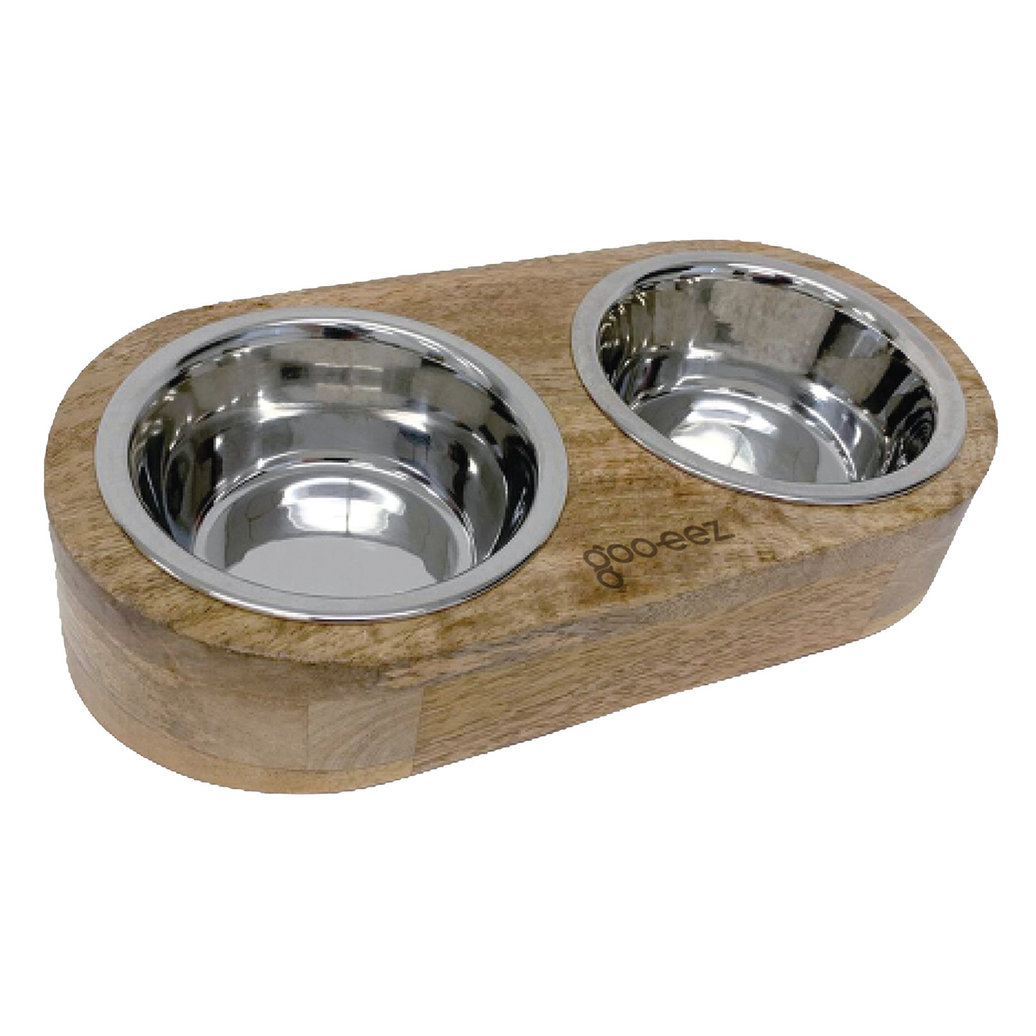 View larger image of Goo-eez, Mango Wood Double Feeder w/Stainless Steel Bowls