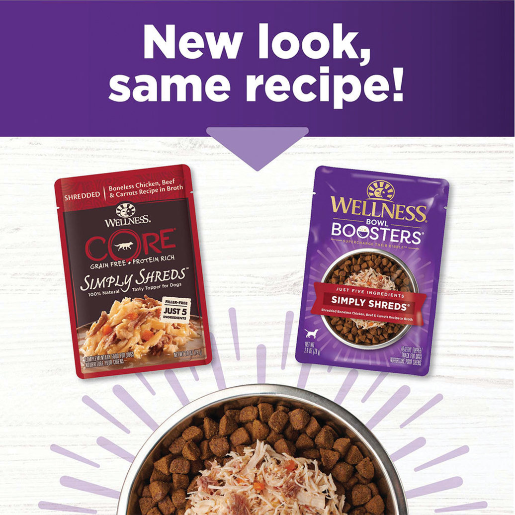 View larger image of Wellness, Bowl Boosters Simply Shreds GF Shredded Boneless Chicken, Beef & Carrots - 79 g - Wet Dog 